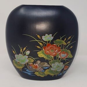 Otagiri Floral Black Ceramic Vase Vintage Japanese Porcelain Vase